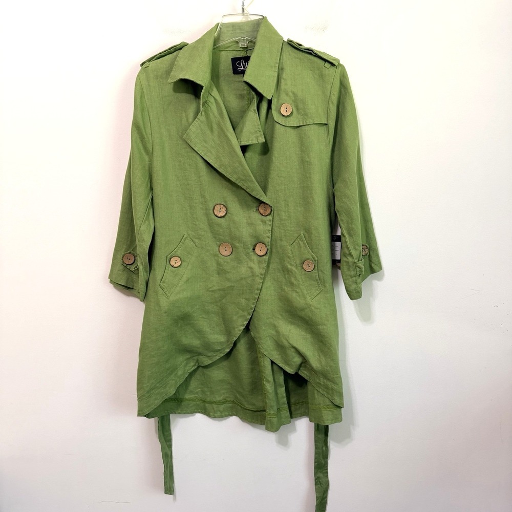 Luii Trench Coat L Green Linen Boho Anthropologie Summer 3/4 Sleeve NEW FLAW